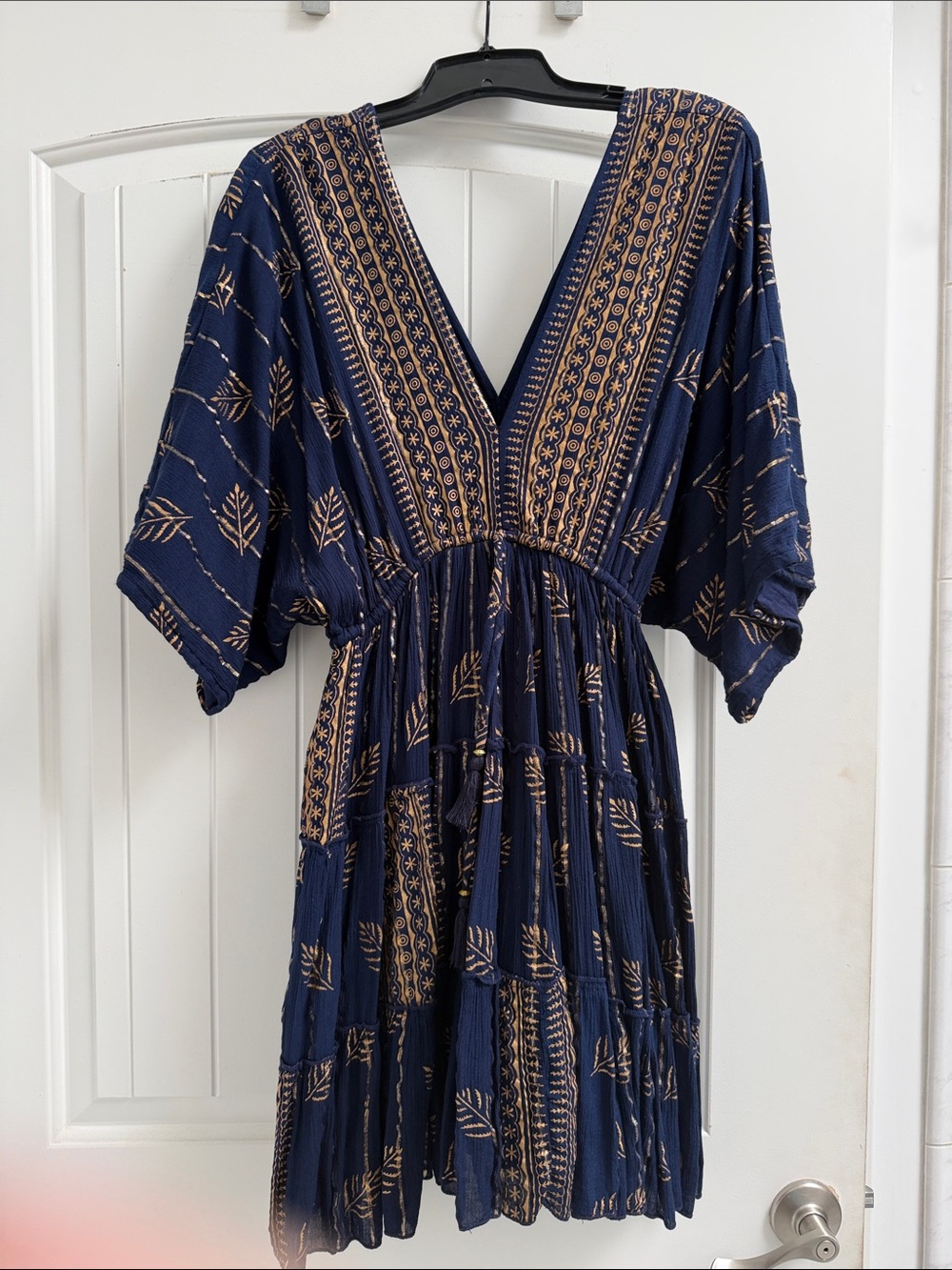 Boho V-Neck Navy Dress with Tan Leaf Print